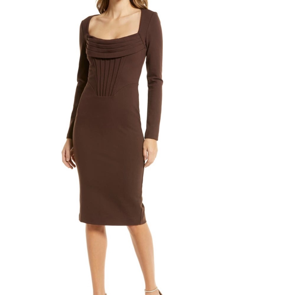 Cowl Neck Corset Long Sleeve Ponte Midi Dress